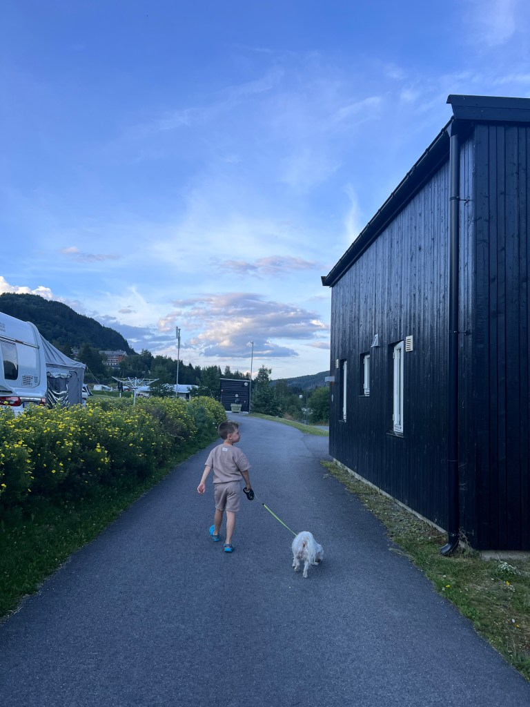 A young child walking a small dog along a pathway beside a black building, with green bushes and mountains in the background under a blue sky with clouds.