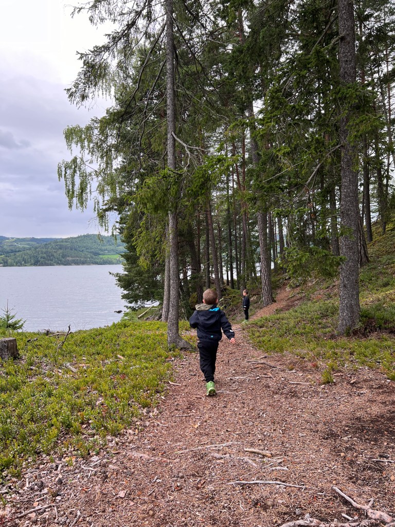 A child running along a forest path next to a lake, with trees lining the trail and another child in the distance.